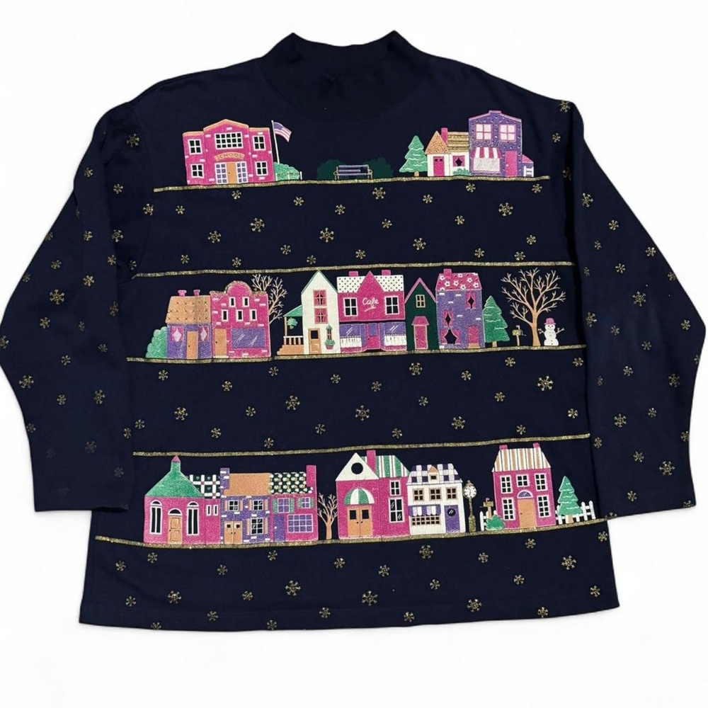 Vintage 90s Teachercore Christmas Village Crewneck, Size Large